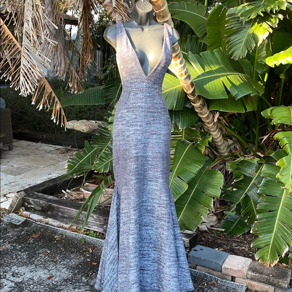 Silver deep cut mesh insert formal gown View 4